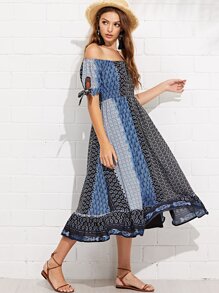 Geo Print Knot Cuff Off Shoulder Dress