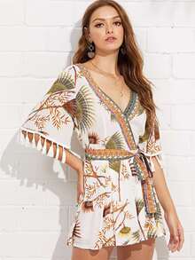 Mixed Print Tassel Detail Self Belted Wrap Romper