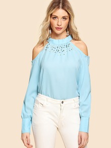 Faux Pearl Open Shoulder Tie Back Blouse