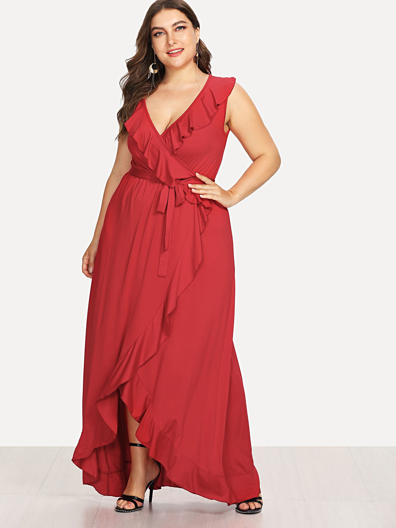Plus Deep V Neck Ruffle-Split Hem Knot Dress
