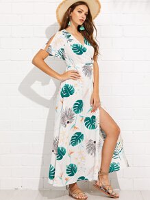 Leaf Print Knot Waist Wrap Dress