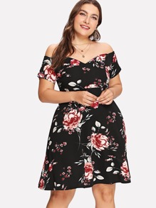 Flower Print Off Shoulder Dress