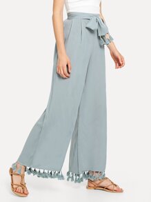 Tassel Trim Tie Waist Palazzo Pants