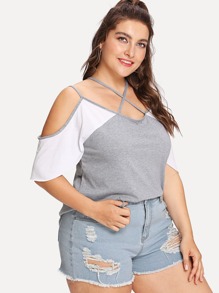 Two Tone Crisscross Cold Shoulder Tee