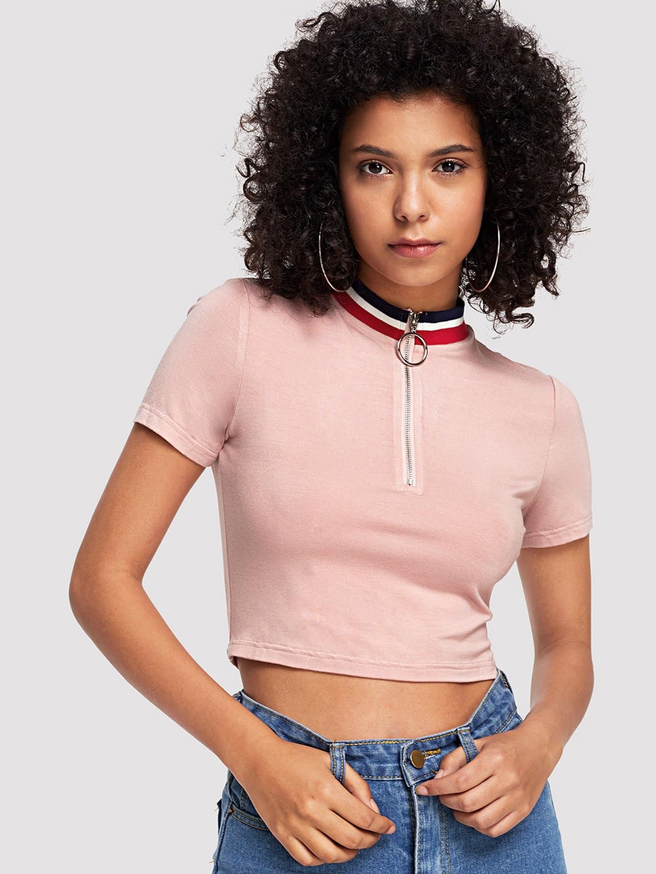 Striped Mock Neck O-Ring Detail Crop Tee mock neck pearl detail puff sleeve tee
