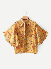 Calico Print Frill Trim Angel Sleeve Shirt