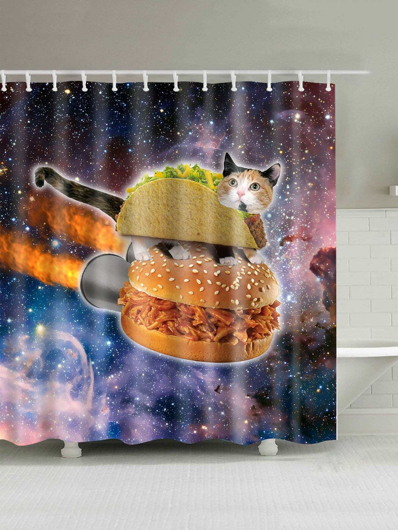 Занавеска для душа 1 шт кошка и гамбургер и кольца 12 шт