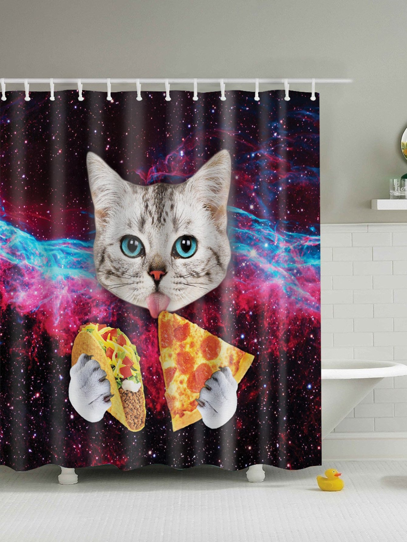 Занавеска для душа 1 шт кошка и пицца и кольца 12 шт