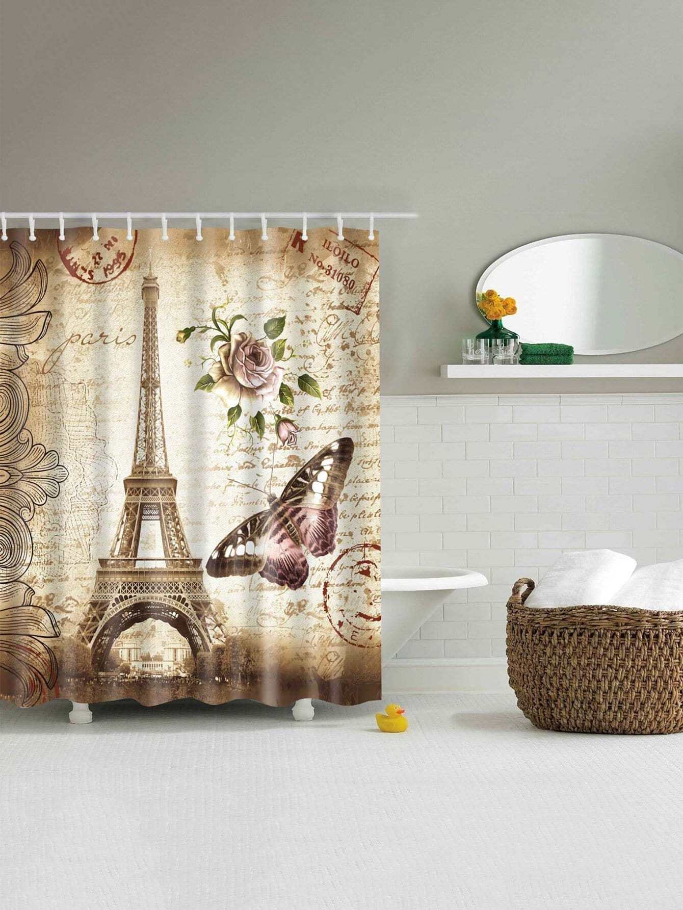 Занавеска для душа 1 шт Эйфелева башня и кольца 12 шт