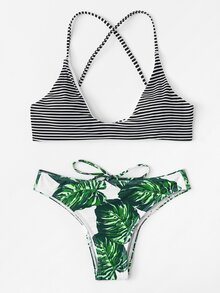 Palm Print Striped Bikini Set