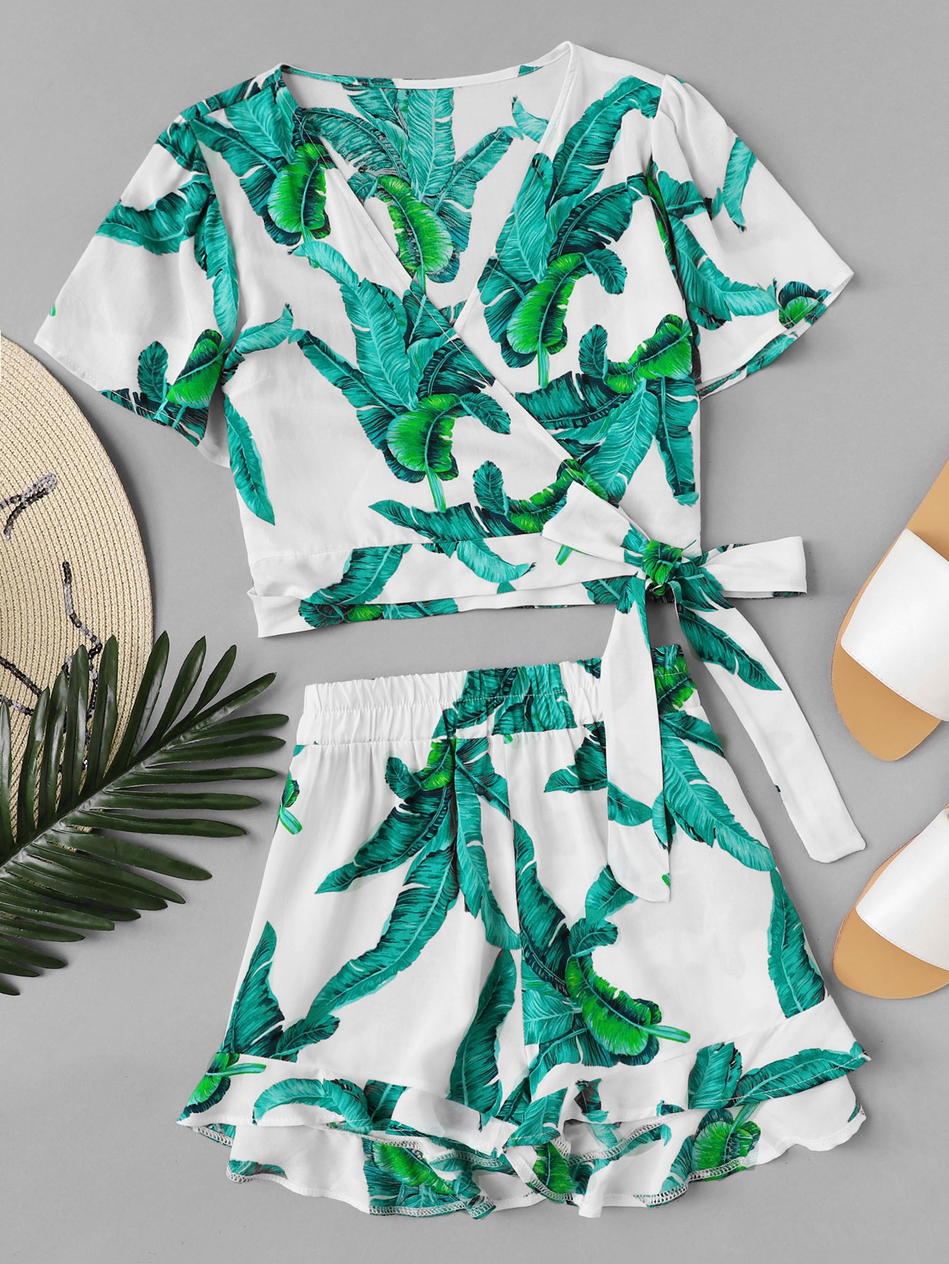 Tropical Print Surplice Blouse With Ruffle Hem Shorts