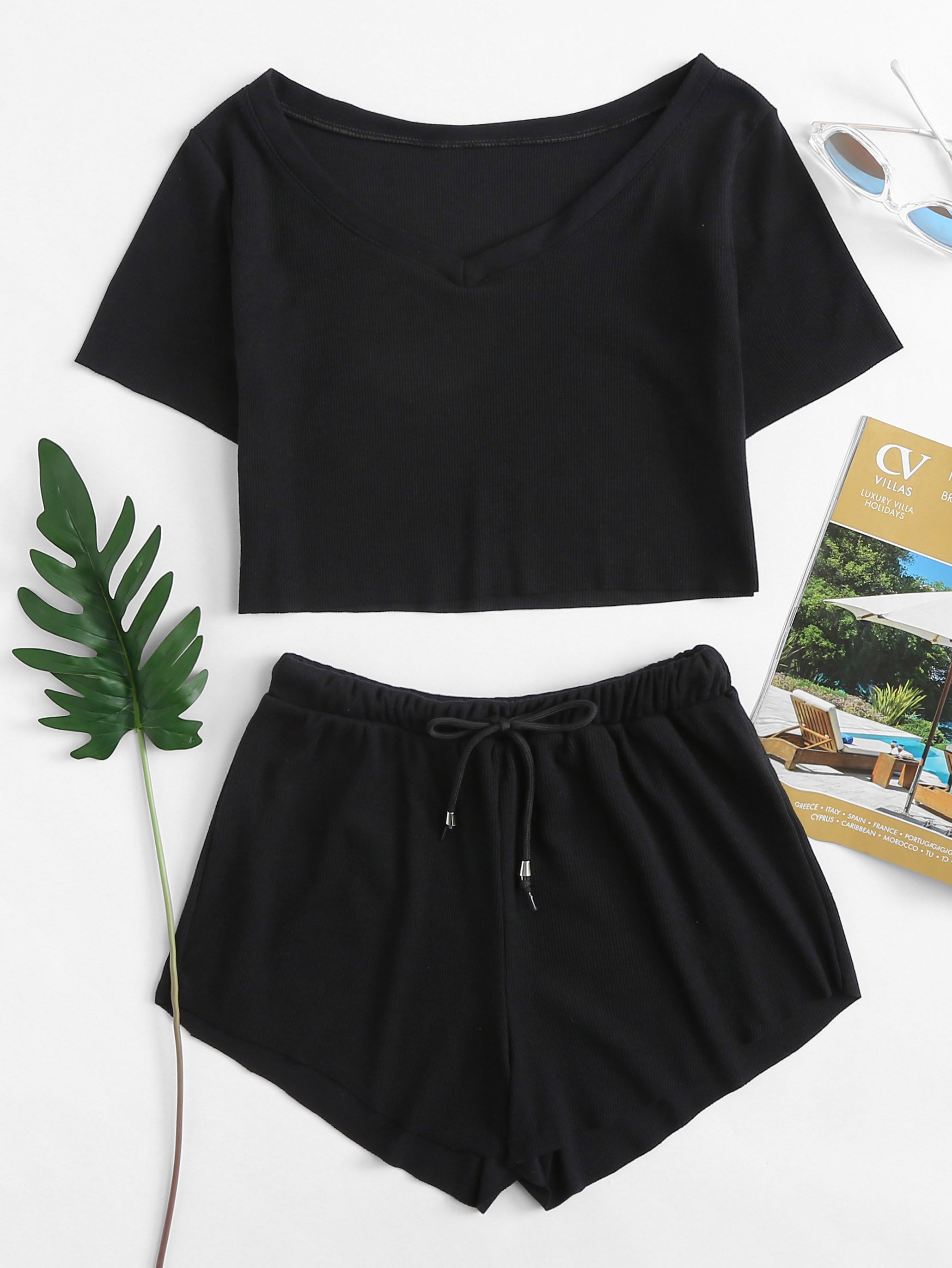 Boat Neck Crop Tee With Drawstring Waist Shorts