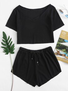 Boat Neck Crop Tee With Drawstring Waist Shorts