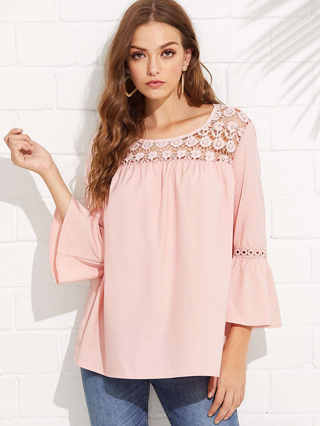 Floral Lace Yoke Cut Out Insert Sleeve Blouse cut out lace floral bracelet