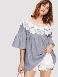 Mesh Neck Flower Applique Pinstripe Smock Top