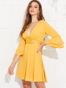 Lace Panel Layered Bell Sleeve Dress