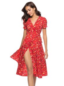 Floral Print Knot Wrap Dress