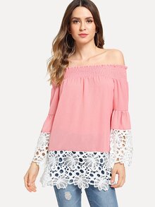 Contrast Crochet Lace Off Shoulder Blouse