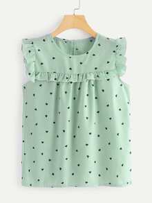 Frill Trim Heart Print Striped Blouse