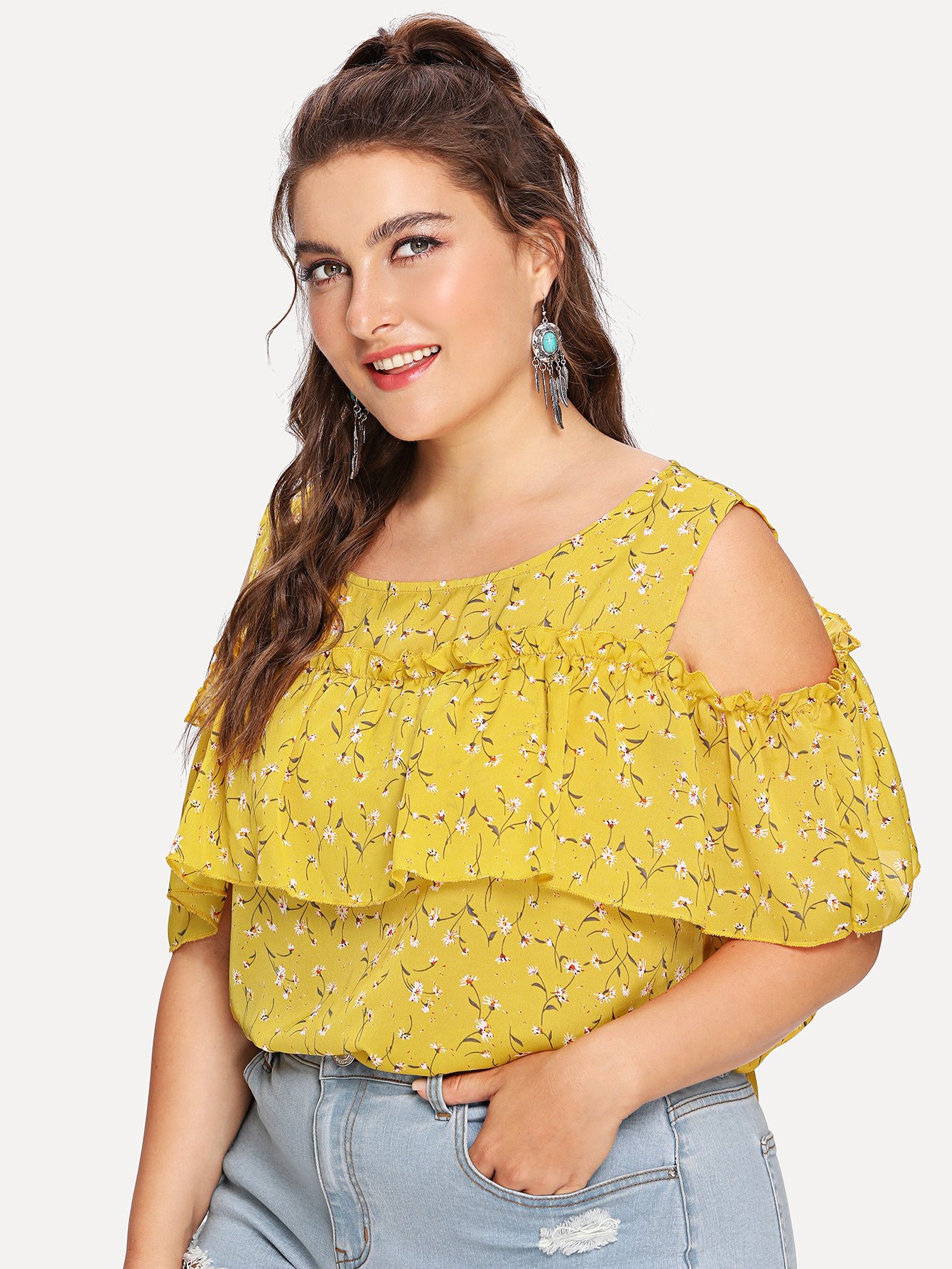 Plus Open Shoulder Calico Print Frill Blouse