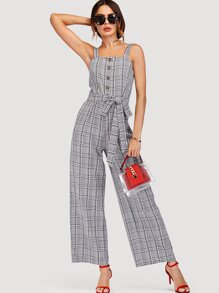 Tie Waist Button Front Plaid Jumpsuit