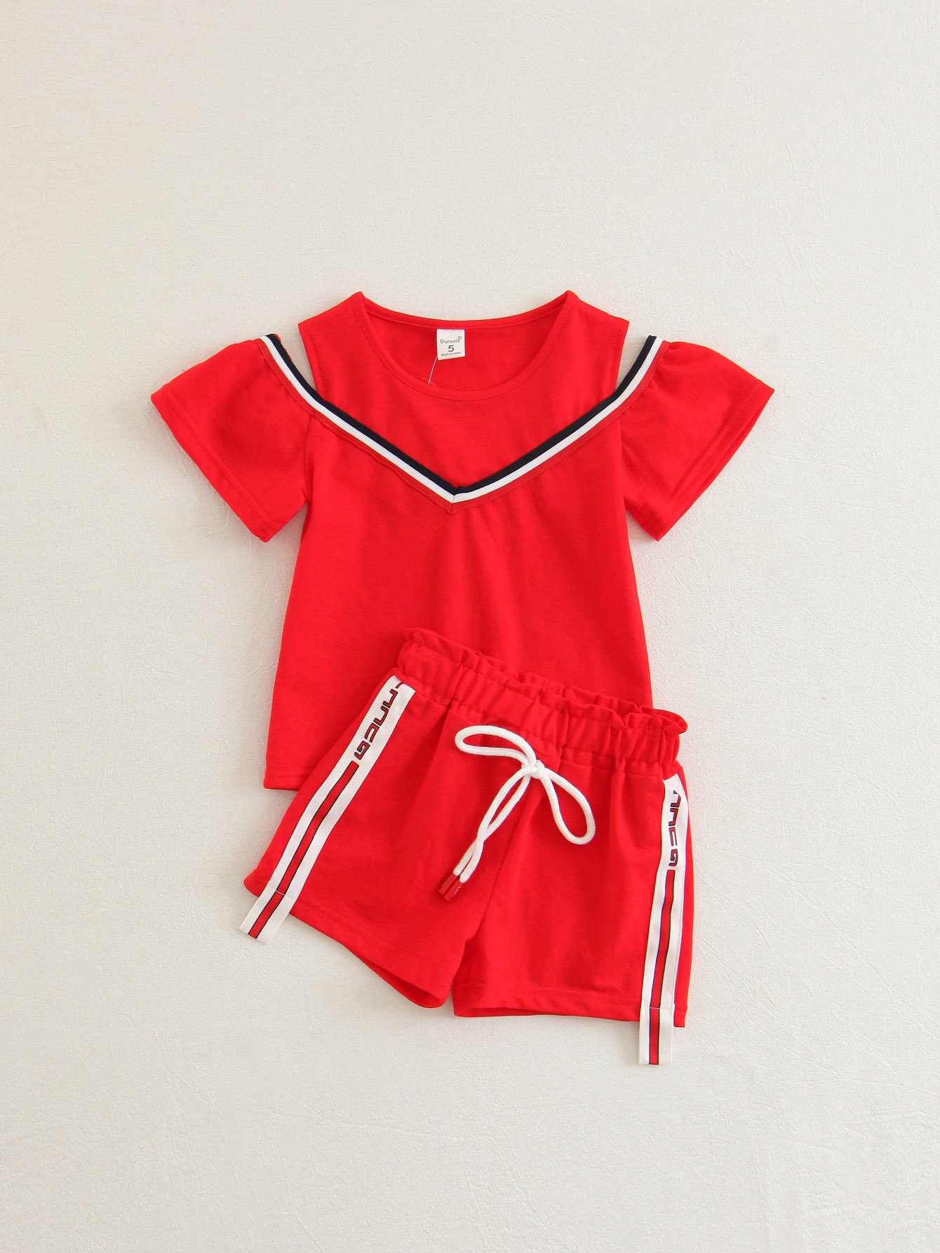Girls Striped Tape Detail Tee With Drawstring Shorts