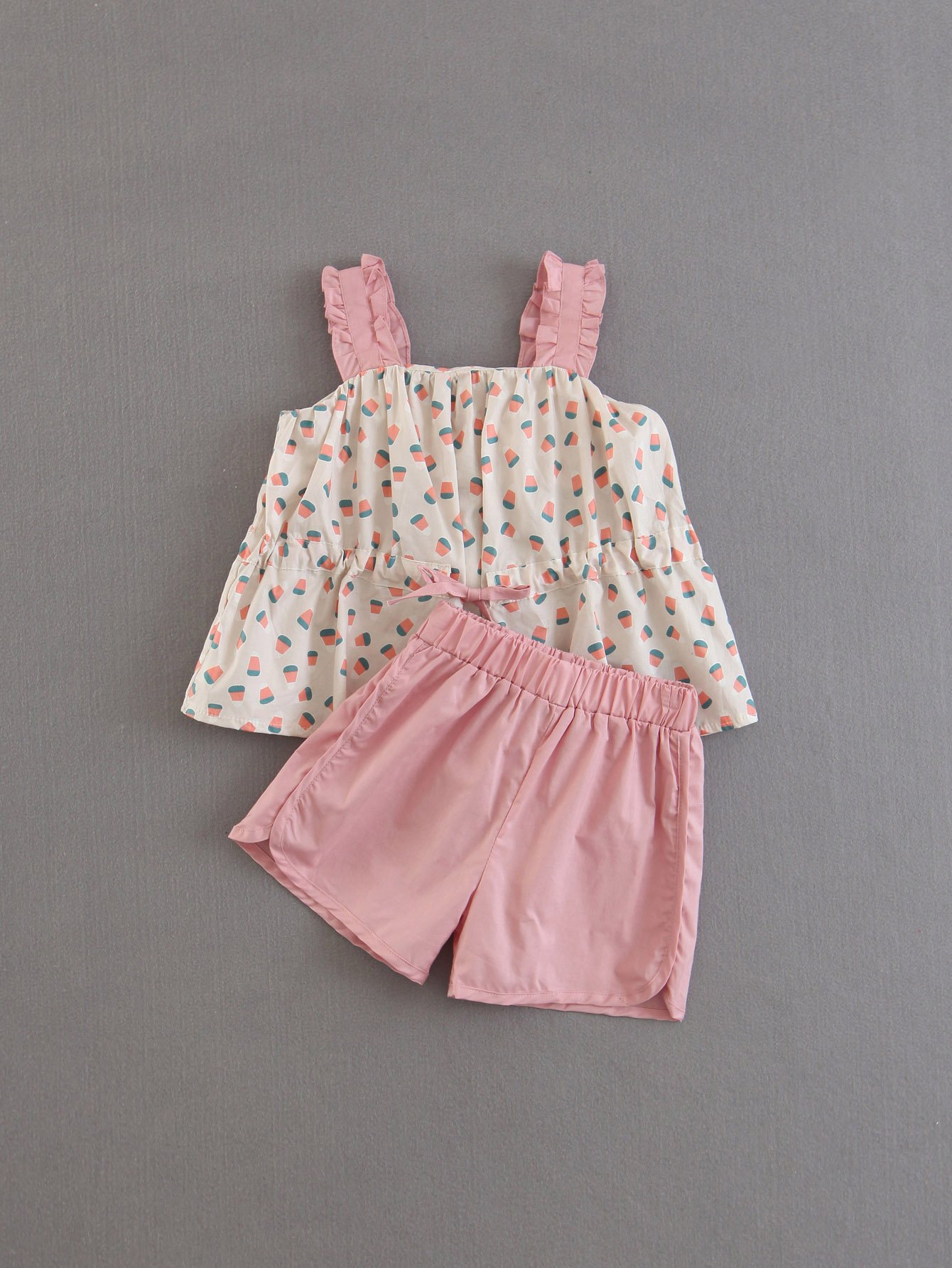 Girls Frill Trim Drawstring Top With Dolphin Shorts
