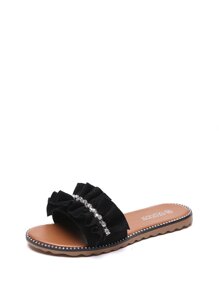 Ruffle Design Flat Slippers With Rhinestone