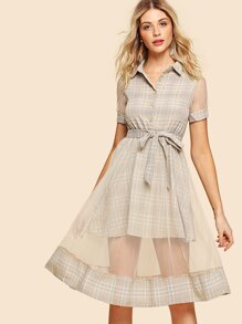 Mesh Contrast Tie Waist Tartan Plaid Shirt Dress