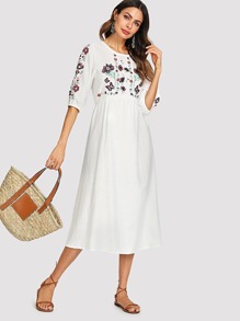 Botanical Embroidered Self Tie Dress