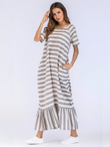 Ruffle Hem Stripe Longline Dress