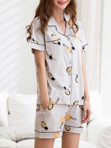Pineapple Print Striped Button Up Pajama Set