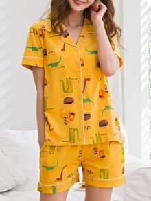 Cartoon Print Button Up Pajama Set