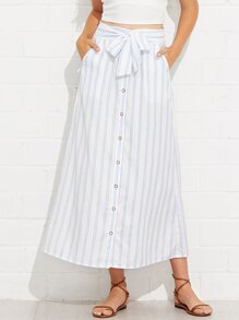 Button Through Belted Striped Skirt