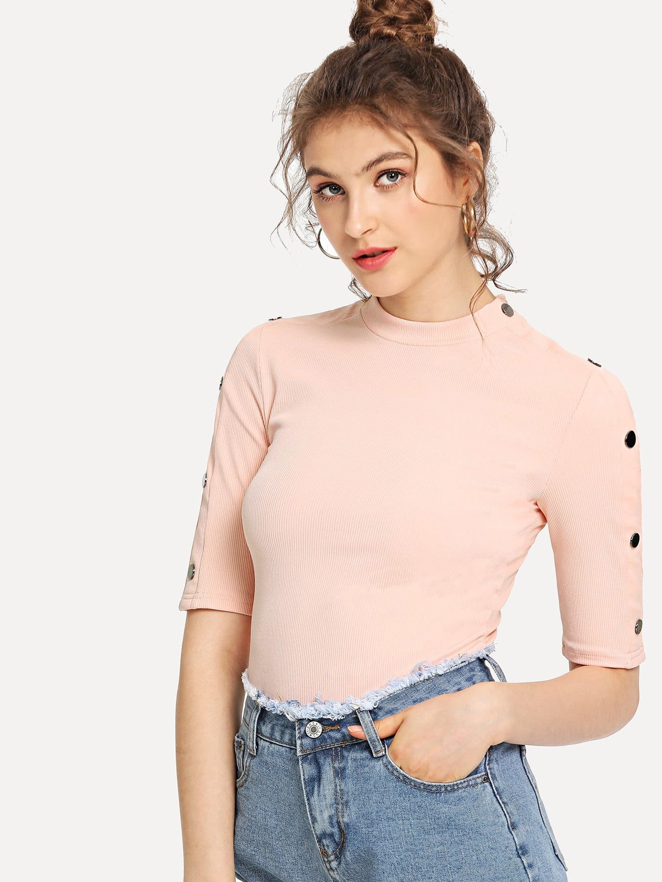 Mock Neck Button Embellished Sleeve Tee mock neck pearl detail puff sleeve tee