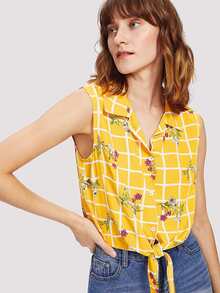 Floral & Grid Print Knot Hem Shirt
