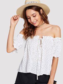 Frill Detail Polka Dot Bardot Top