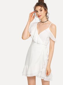 Layered Flounce Trim Tie Waist Surplice Wrap Dress
