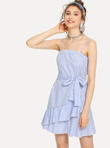 Flounce Hem Belted Pinstripe Cami Dress