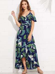 Palm Leaf Print Flounce Cami Dress