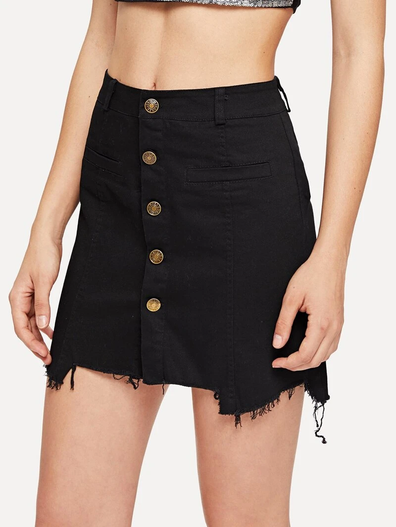 Frayed Black Denim Button Summer Skirt Waist Front Mini Hem rBfxHr
