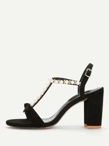 Faux Pearl Decorated Heeled Sandals With Bow