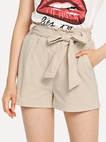 Self Tie Waist Solid Shorts