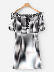 Frill Trim Lace Up Gingham Dress