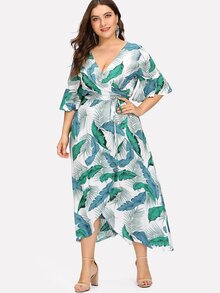 Jungle Print Flounce Sleeve Wrap Dress