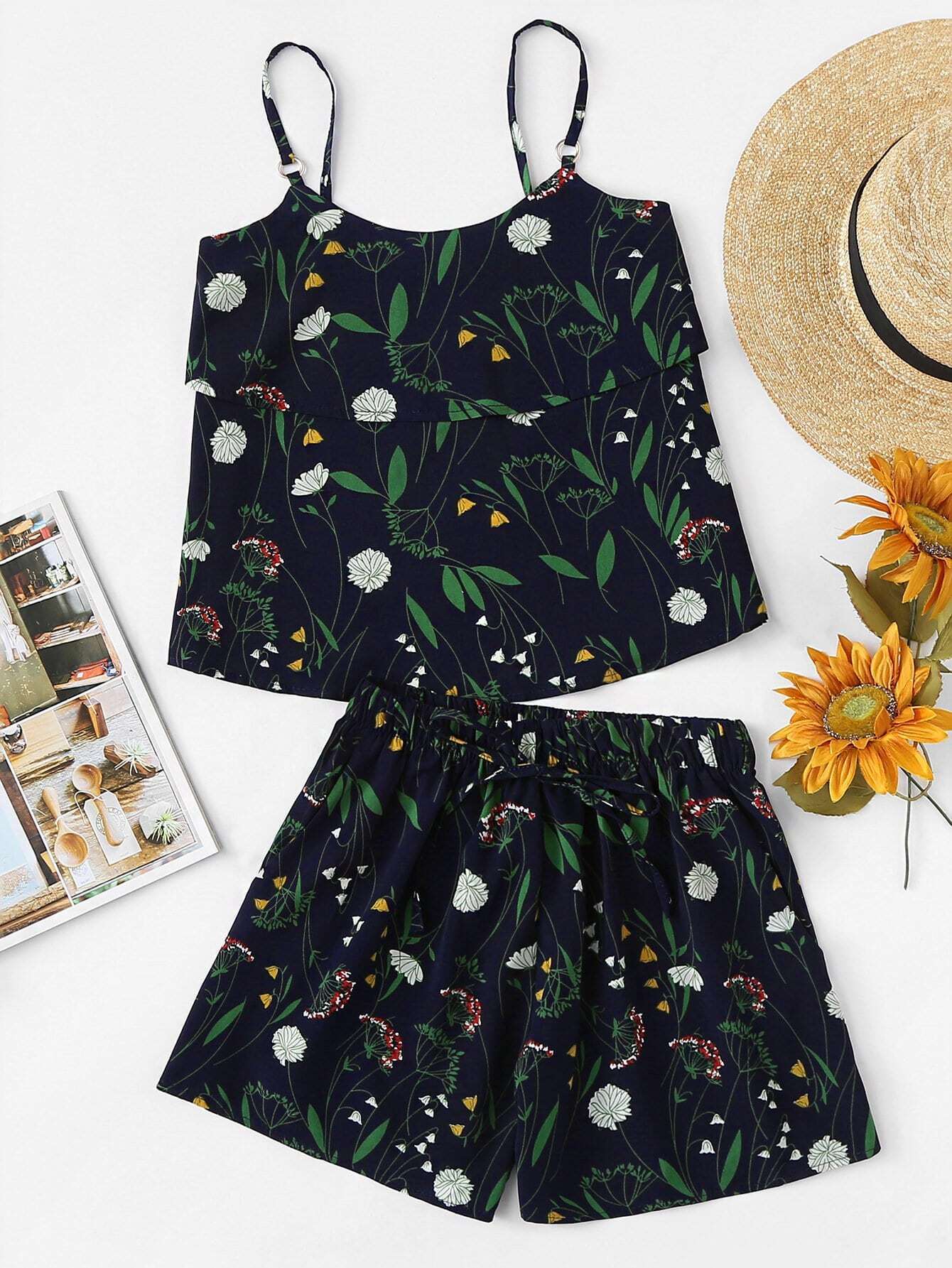 Floral Print Split Back Cami Top With Shorts