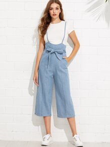 Tie Waist Wide Leg Denim Overalls