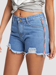 Frayed Hem Ripped Striped Denim Shorts