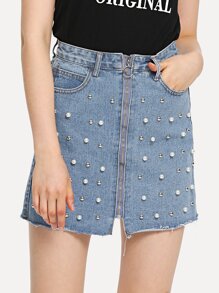 Pearls Zip Denim Skirt