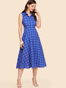 Half Placket Grid Fit & Flare Shirt Dress